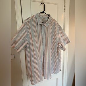Blue and Orange Casual Button Down Seersucker Shirt with Vertical Stripes